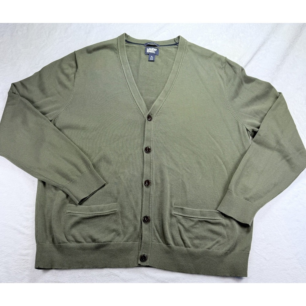 Lands' End Men's XL Olive Green Supima Cotton V-Neck Button Cardigan Sweater